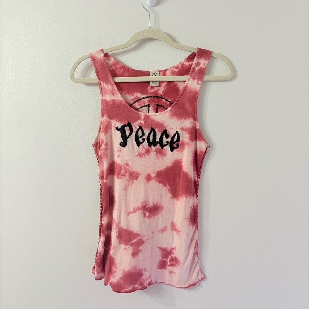 VINTAGE LUCKY Embroidered Tie Dye Peace Tank Top Womens M Boho Hippie Festival